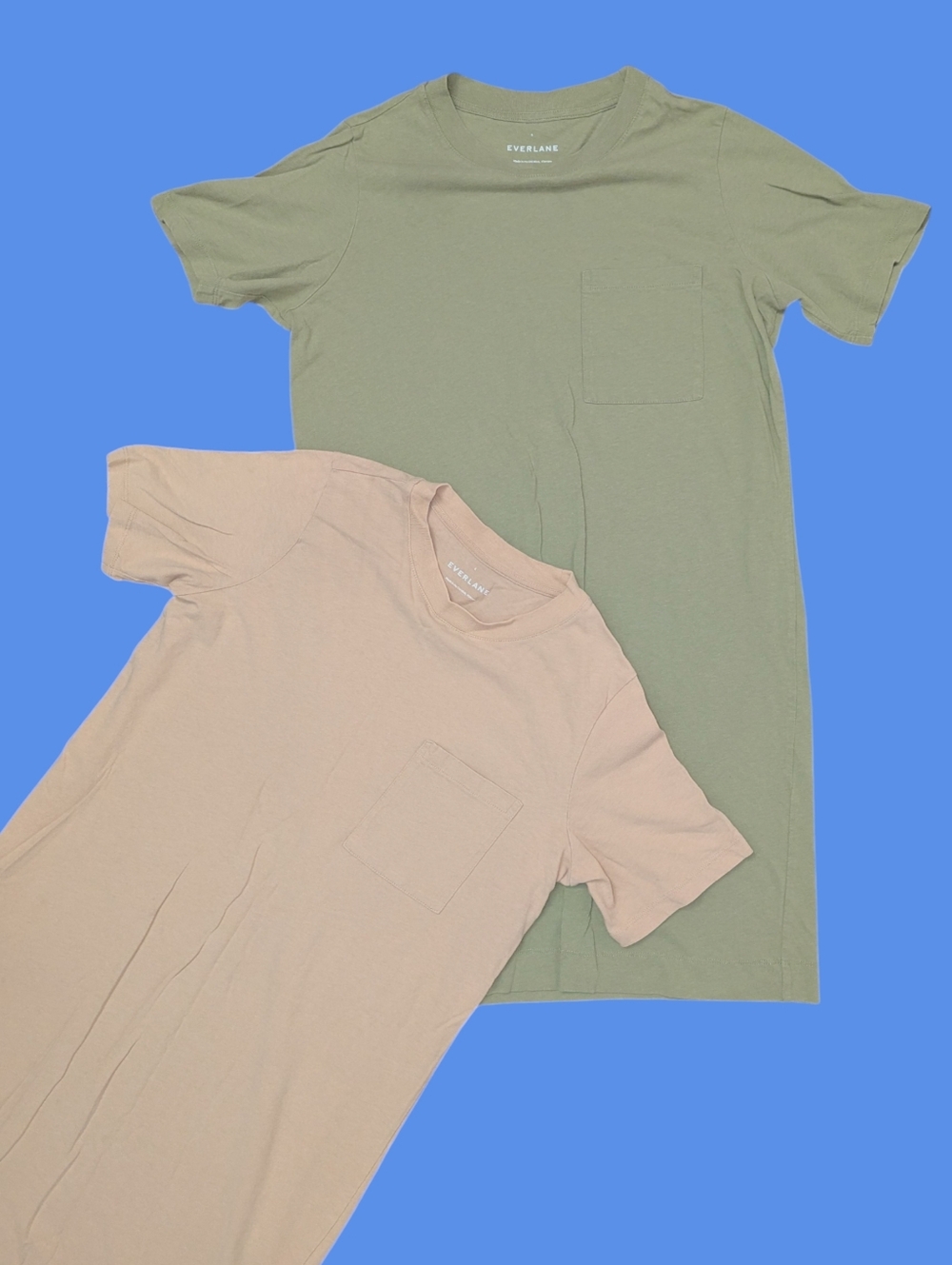 (2) EVERLANE The Weekend Pocket Tee T-Shirt Dress Women’s Small Lot Green Biege